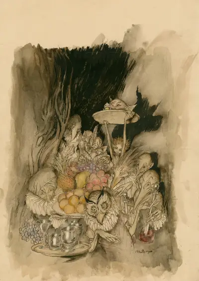 Enter several strange shapes, bringing in a banquet … inviting the King, etc., to eat. [The tempest] av Arthur Rackham