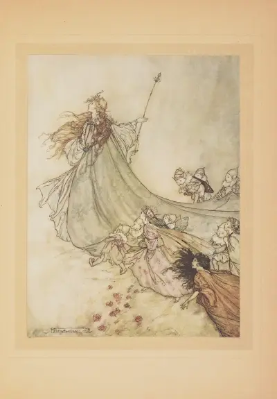 …Et une de ses Fées s recu l’ordre de le transporter a mon bosquet, dans mon royaume enchanté av Arthur Rackham