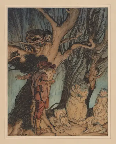 Grimm’s Little brother & little sister. ‘Instantly they lay still …’ av Arthur Rackham
