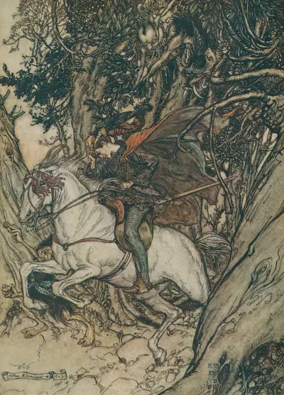Er hielt das Goldstück hoch und rief bei jedem Sprung: „Falsches Gold! Falsche Münze! Falsche Münze!“ von Arthur Rackham