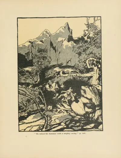‘He raised his hammer with a mighty swing’ av Arthur Rackham