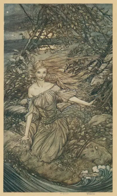 He saw by the moonlight momentarily unveiled, a little island encircled by the flood ; and there under the branches of the overhanging trees was Undine. av Arthur Rackham