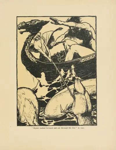 ‘Hymir rushed forward and cut through the line’ av Arthur Rackham