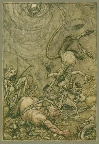 Into the bottomless pit he fell slap. av Arthur Rackham