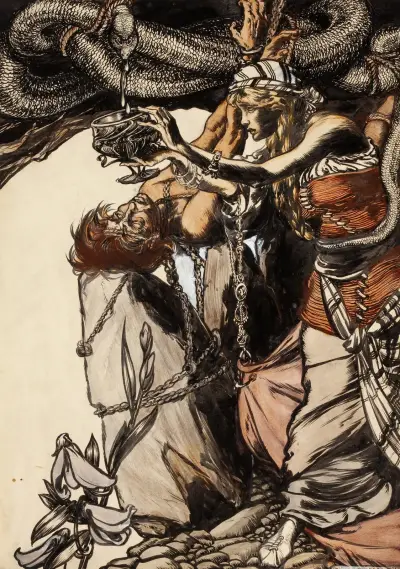 Loki and Sigyn av Arthur Rackham