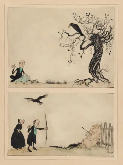 Mother Goose. A carrion crow sat on an oak av Arthur Rackham