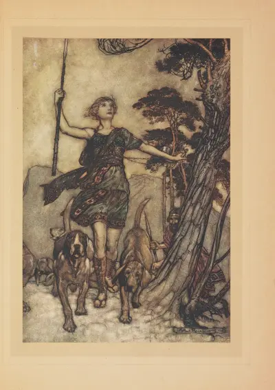 Nous irons, belle reine, sur la montagne. Nous y entendrons la musique des chiens et les réponses de l’echo entremèlés, Arthur Rackham