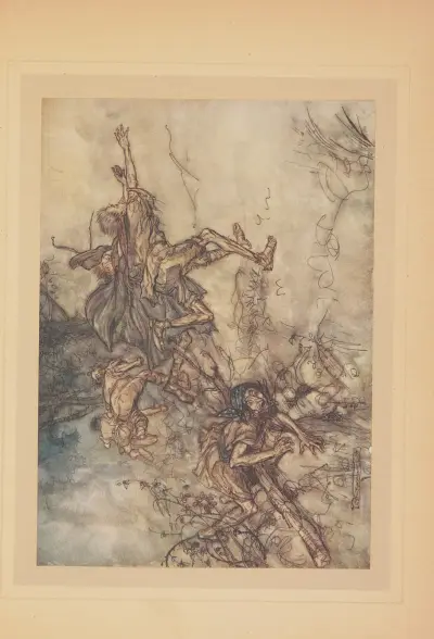 Oh! monstrueux! Oh! étrange! nous sommes ensorcelés! Recitons nos prières, messieurs; fuyons, messieurs. Au secours! av Arthur Rackham