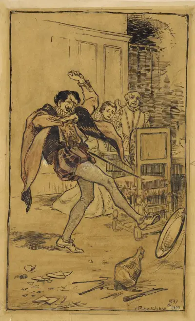 Petruchio throws the meat about the floor av Arthur Rackham