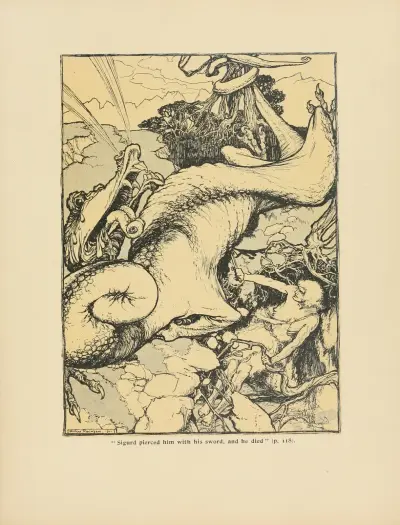 ‘Sigurd pierced him with his sword, and he died’ av Arthur Rackham