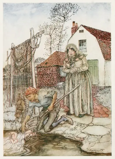 The fisherman and his wife had no children, and they were just longing for a baby av Arthur Rackham