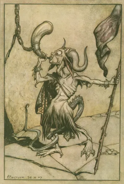Das Horn am Tor des Barbican-Turms wurde mit der Kraft von zwanzig Trompetern geblasen von Arthur Rackham
