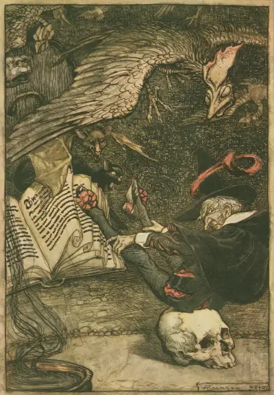 Der kleine Mann hatte sich in der Mitte des Kreises auf dem großen Schädel niedergelassen von Arthur Rackham