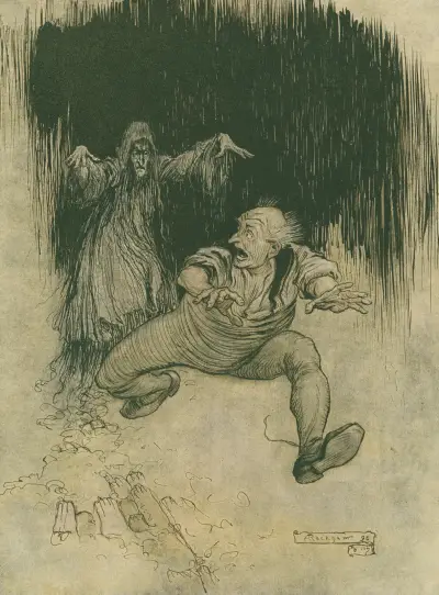 The moment her shadowy form met his view he…made one grasshopper spring to the door–and was gone! av Arthur Rackham