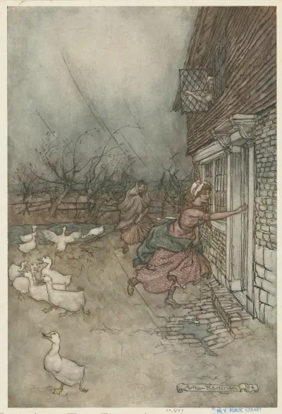 ‘The rain always made a point of setting in just as he had some outdoor work to do’ av Arthur Rackham