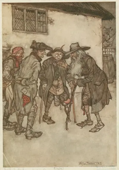 ‘They crowed round him, eyeing him from head to foot with great curiosity.’ av Arthur Rackham