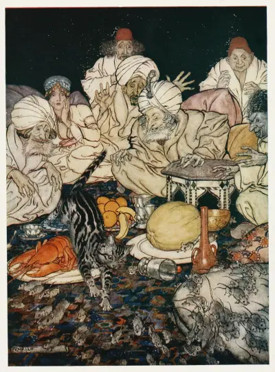 När Puss såg råttorna och mössen väntade hon inte på att bli tillsagd av Arthur Rackham