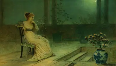 En klassisk ung kvinna sittande på en terrass i månsken av John Atkinson Grimshaw