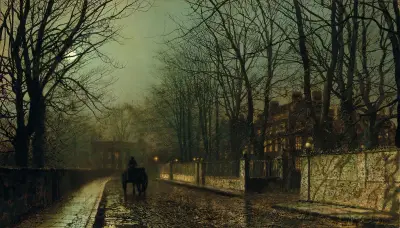 En våt måne, Putney Road av John Atkinson Grimshaw