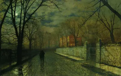 Figurer i en månskensbelyst gränd efter regn av John Atkinson Grimshaw