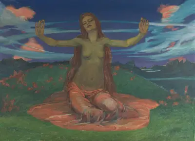Frau auf Wiese ‘Erwachen’ av August Babberger