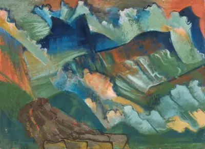 Gebirgslandschaft mit rotem Himmel av August Babberger