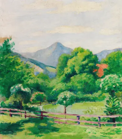 Garten in Tegernsee mit Haus und Berg av August Macke