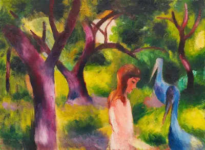 Mädchen mit blauen Vögeln av August Macke