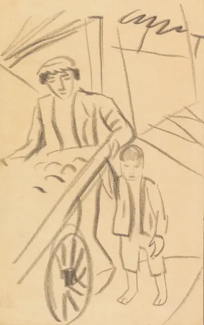 Mann mit Karre und Kind av August Macke