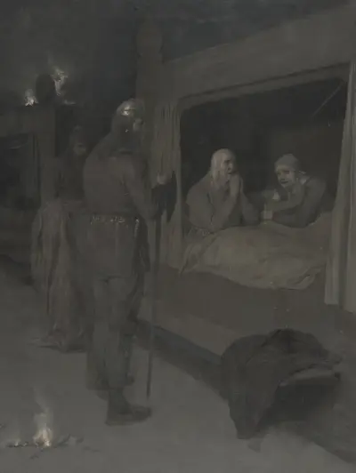 Njal, Bergthora och Tord Karlsson väljer att låta sig brännas levande av August Malmström