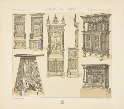 Chaires, escabeau, prie-dieu, cabinets, Auguste Racinet