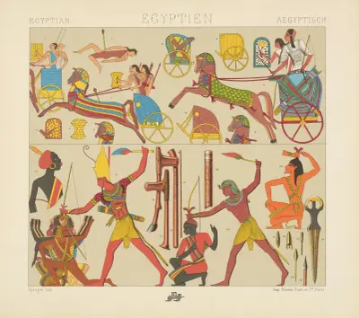 Egyptiska och asiatiska krigsvagnar, olika folk av Auguste Racinet