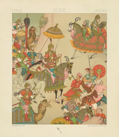 Costume de guerre du XVIe siècle; empereur Mogol conduisant une expédition militaire av Auguste Racinet