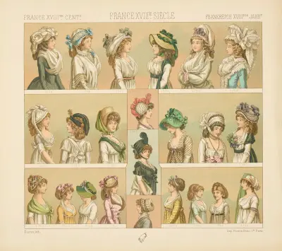 Damenkostüm, Kopf- und Miederschmuck, Moden von Auguste Racinet