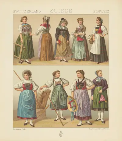 Kvinnliga dräkter – Unterwalden, Sankt Gallen, Bern, Valais, Zürich, Zug, Luzern, Basel av Auguste Racinet