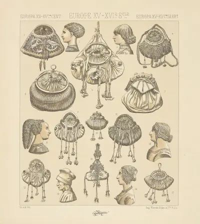 Escarcelles, bourses, coiffures italiennes, Auguste Racinet