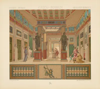 Det pompejanska huset; atriet, plan och profil av Pansas hus av Auguste Racinet
