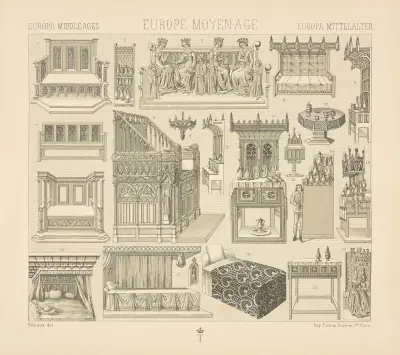 Verschiedene Möbel des 14. und 15. Jahrhunderts – Betten, Kanzeln, Bänke, Truhen, Tische usw. von Auguste Racinet