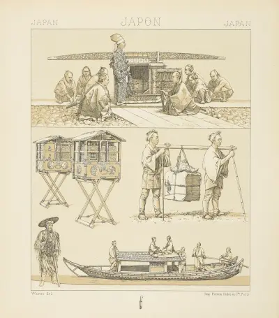 Modes et moyens de transport; e norimon et ses porteurs, les cantines de voyage, barque fluviale, coolies, paysan av Auguste Racinet