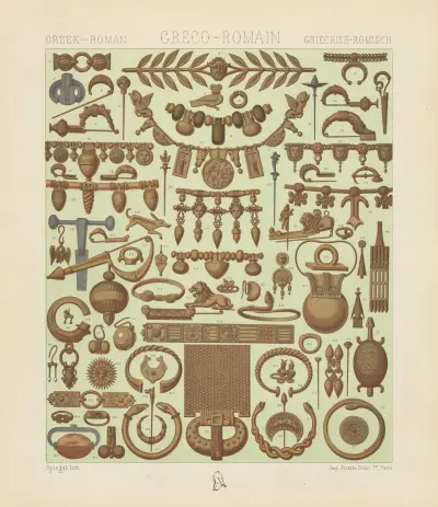 Orfèvrerie-joaillerie; parures, couronnes, colliers, pendants d’oreilles, bagues, bracelets, fibules etc, Auguste Racinet