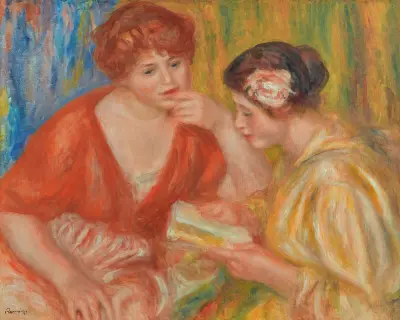 La Lecture, Deux Femmes Aux Corsages Rouge Et Rose av Pierre-Auguste Renoir