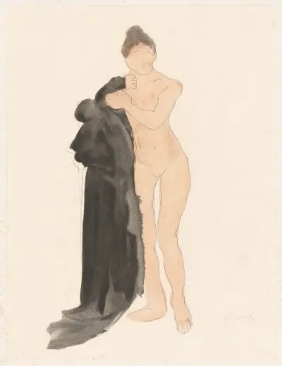 Stehende weibliche Aktstudie, einen langen schwarzen Umhang rechts mit der linken Hand haltend von Auguste Rodin