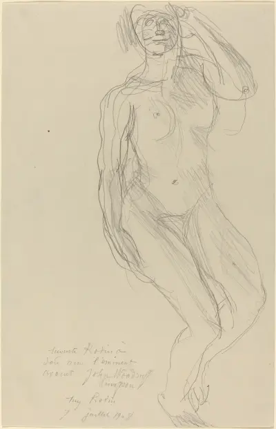 Sittande kvinnlig nakenmodell vänd framåt av Auguste Rodin