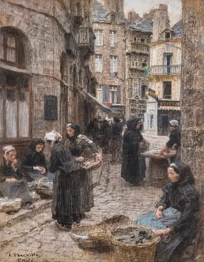 Le marché aux poissons, St. Malo av Léon Augustin Lhermitte