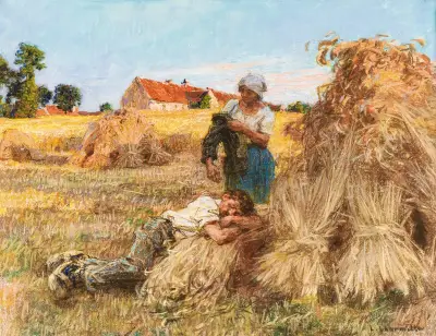 Vila, stark sol, sovande skördeman, Mézy av Léon Augustin Lhermitte