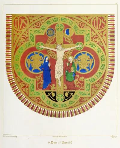Kåpans huva; Vår Herres korsfästelse, med Vår Välsignade Fru och Johannes av Augustus Pugin