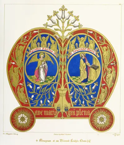 Monogram över Vår Saliga Frus namn, med Bebådelsen av Augustus Pugin