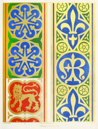 Orphreys of Copes; 1. A Star of seven points; 2. Fleur-de-lis, Monogram, and Roses; 3. Lions. av Augustus Pugin