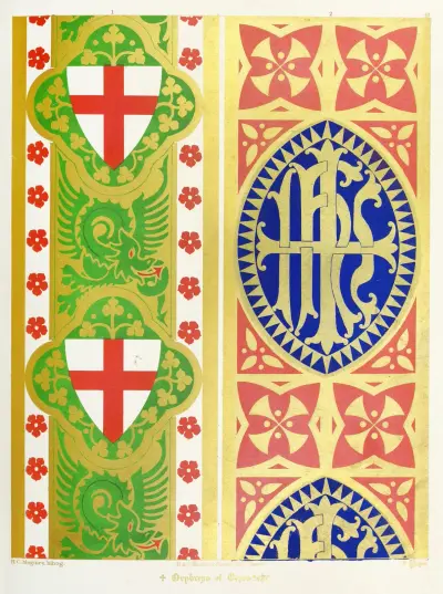 Orphreys of Copes; 1. St. George, Shield and Dragon ; 2. The Five Crosses with the Holy Name in the First. av Augustus Pugin