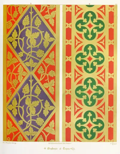 Orphreys of Copes; 1. The Vine ; 2. Crosses Flory in Quatrefoils. av Augustus Pugin